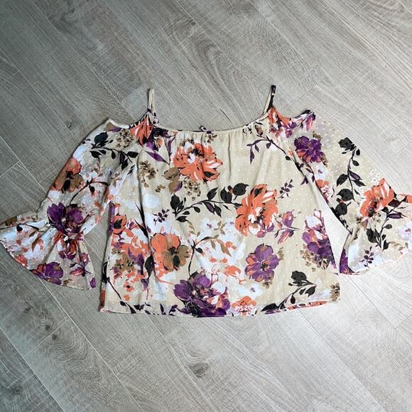 INC Floral Cream Purple Cold Shoulder Long Bell Sleeve Blouse Women’s - Picture 9 of 11